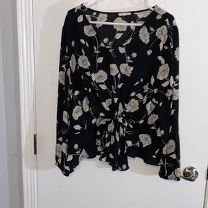 Maurices XL Black Floral Tie Front Blouse with Balloon Sleeve